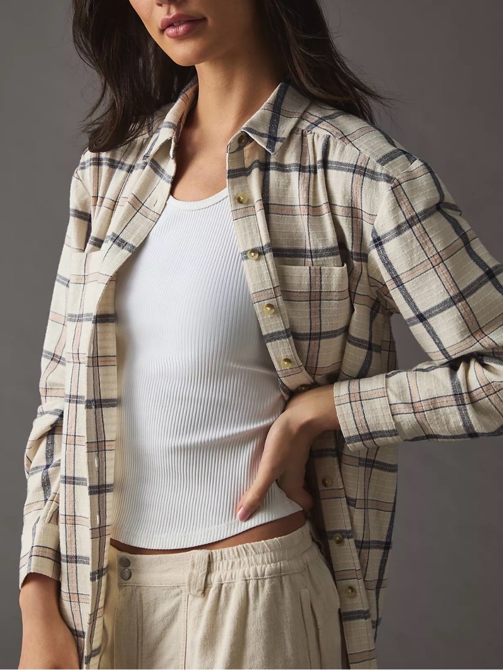 Pilcro Cream Plaid Button-Down Shirt with Navy & Tan Checks